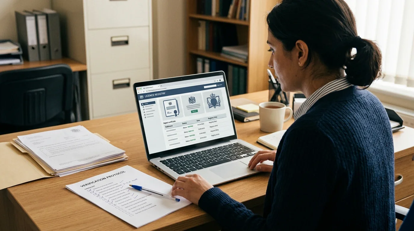 Desk scene showing a licence check with documents and a calm verification checklist