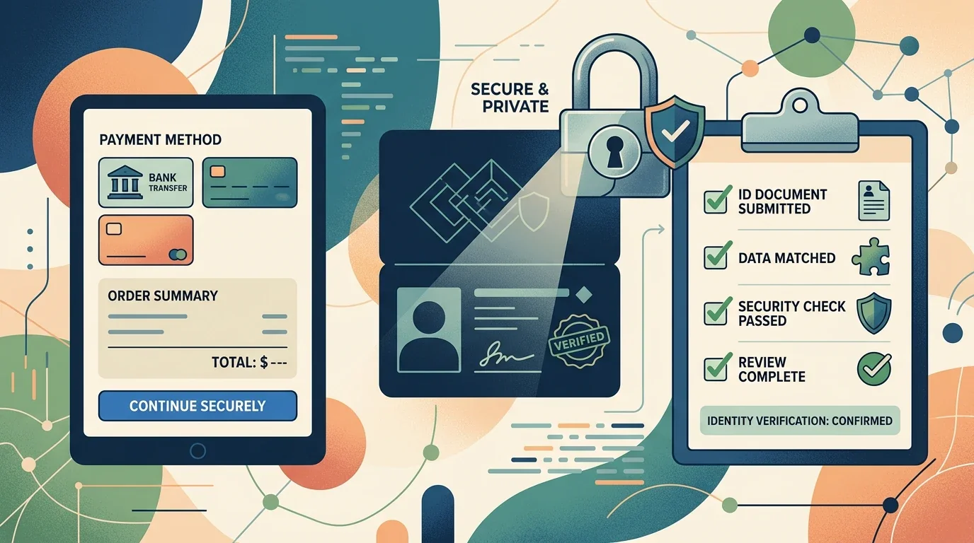Calm illustration of payment review and identity verification without showing brand names