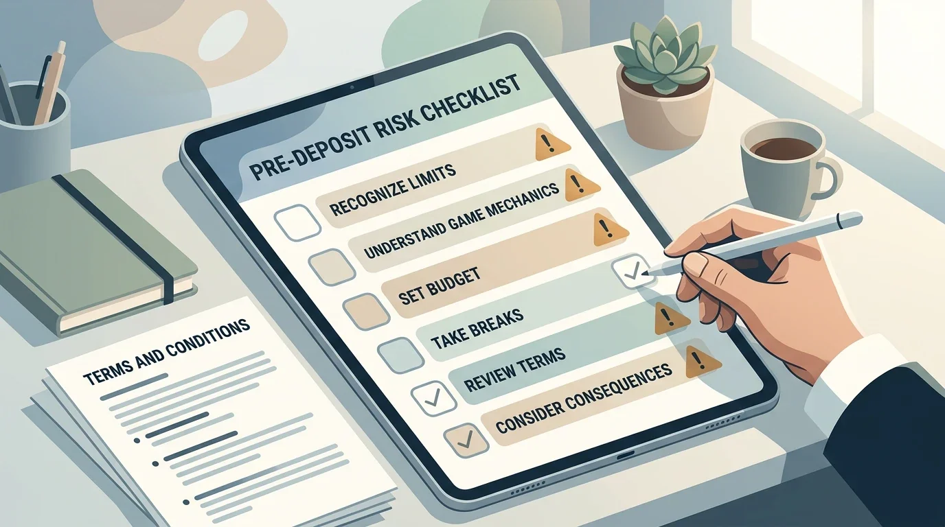 Neutral pre-deposit checklist with risk signs marked for review