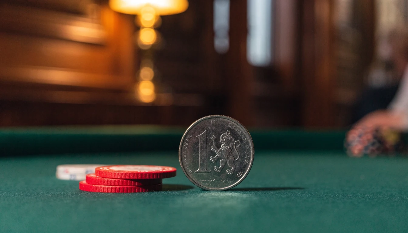 A single pound coin beside a small stack of chips on a green felt table in a British pub setting.