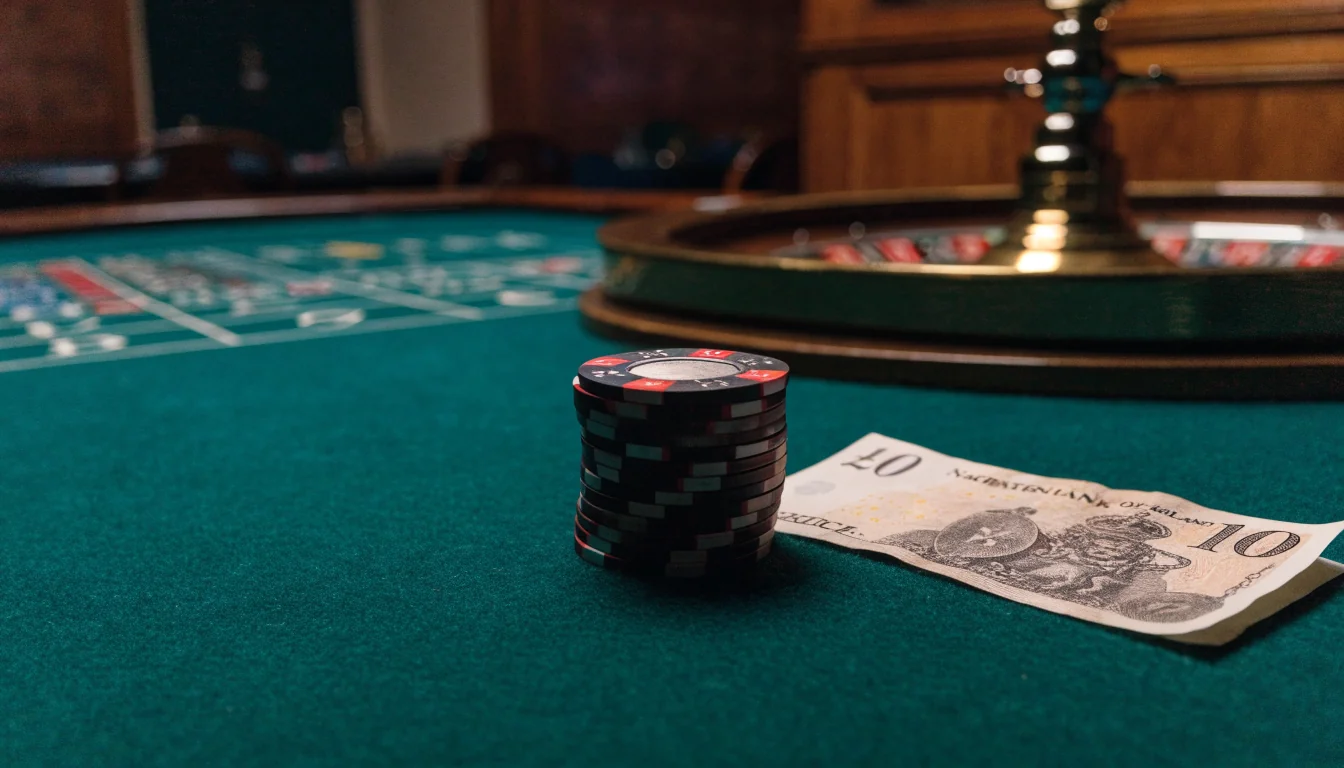 Ten pound note on casino table with chips and roulette wheel