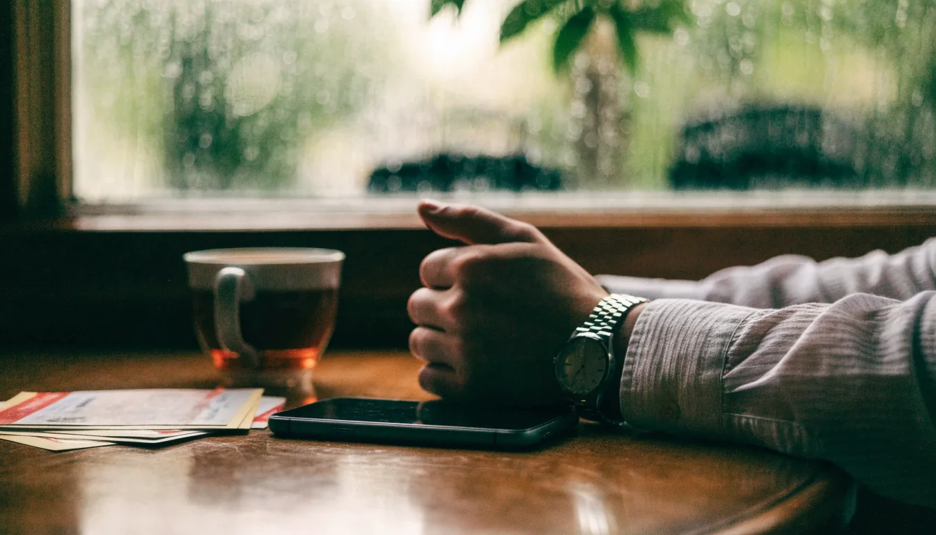 Hand near closed phone and bonus cards on a British pub table at home.