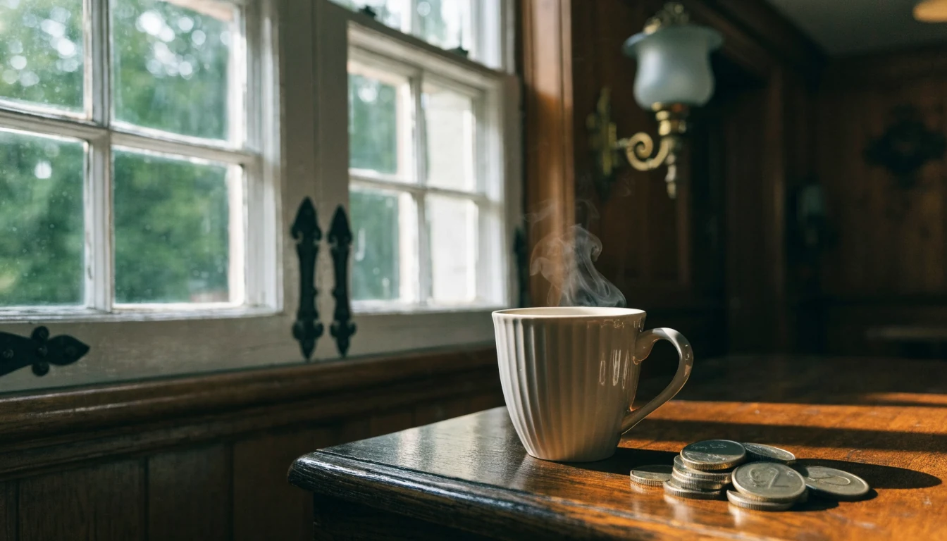 Two-pound coins on a wooden pub table with a cup of tea in a British pub.