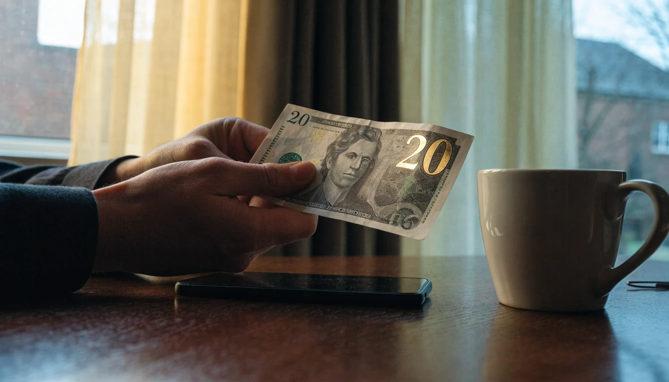 British twenty-pound note held near a phone and coffee mug.