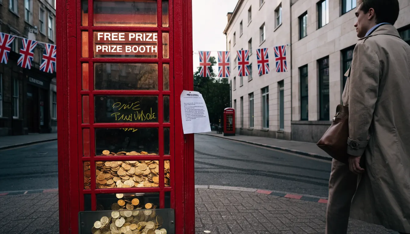 London telephone box filled with golden coins symbolising a no-deposit free spins bonus offer.