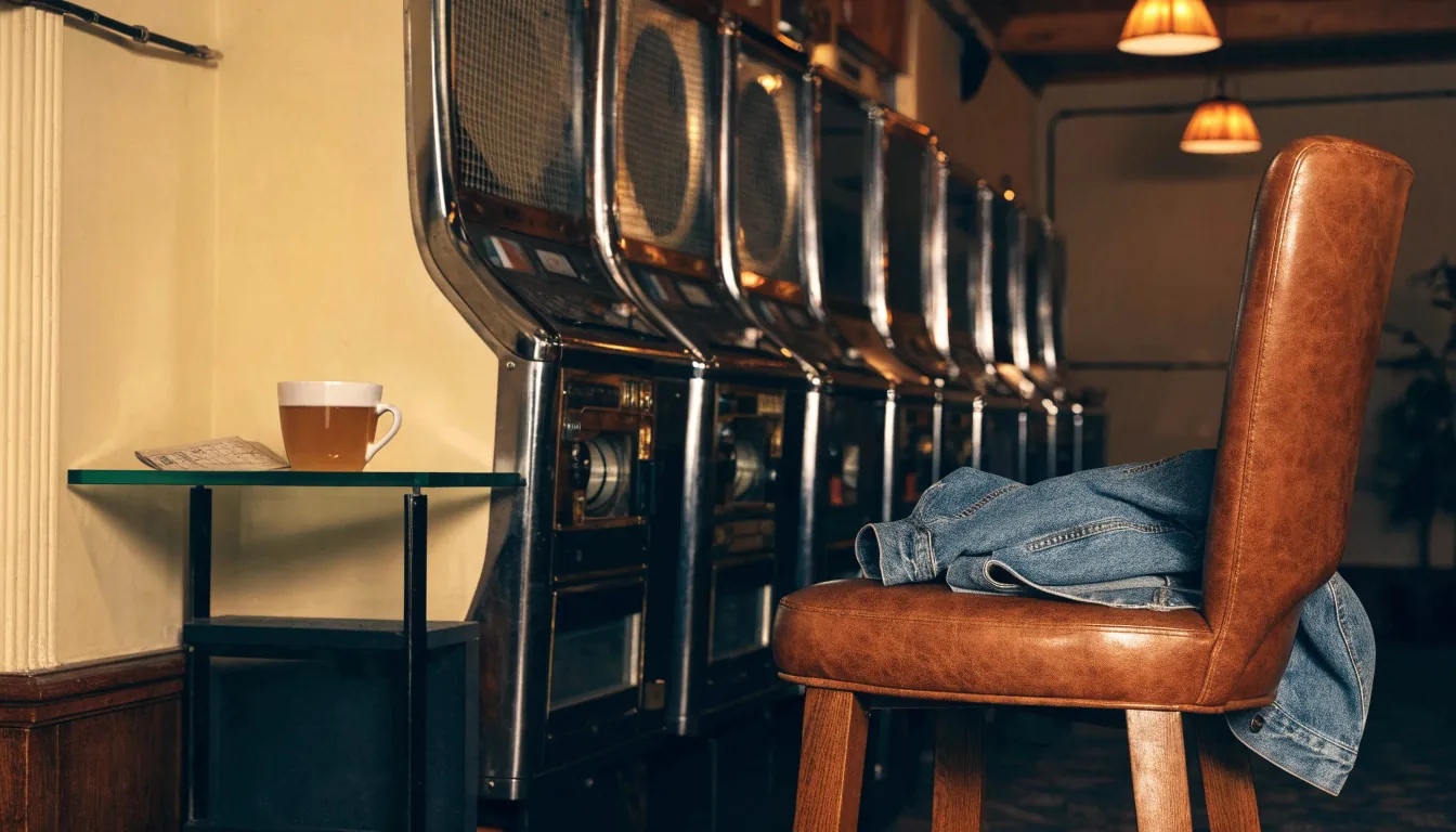 Row of slot machines in a warmly lit British gaming lounge with an empty stool and a cup of tea.