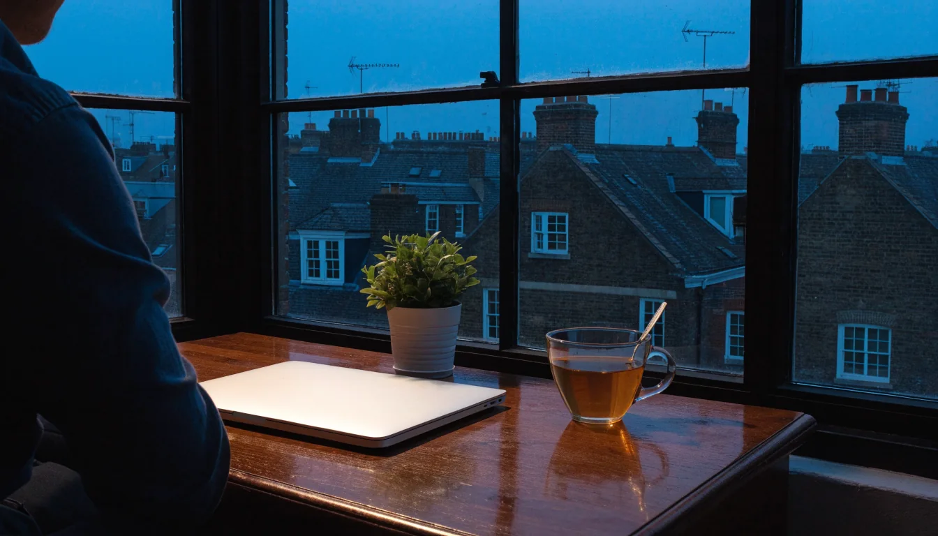 Closed laptop on a desk in a British home office at night with London rooftops outside the window.