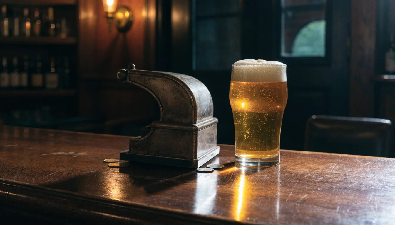 Vintage slot machine on a British pub counter beside a pint of ale.
