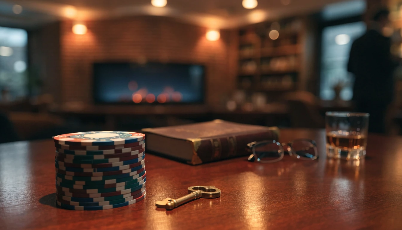 Casino chips and a golden key on a wooden table in a British lounge.