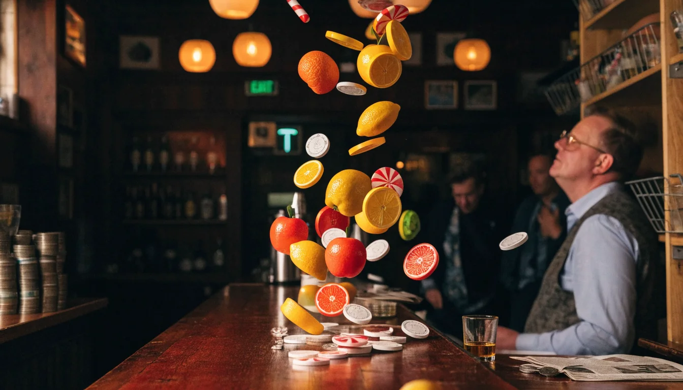 British pub interior with colorful tokens cascading mid-air above stacks of pound coins.