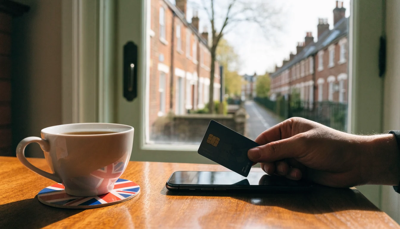 Hand holding a UK bank card next to a smartphone, with tea and a Union Jack coaster on a table.