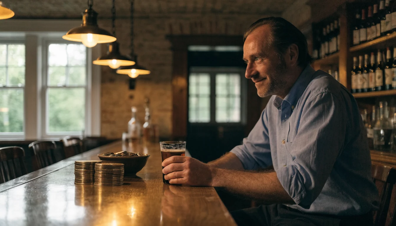Relaxed British pub scene suggesting steady, low-volatility gameplay