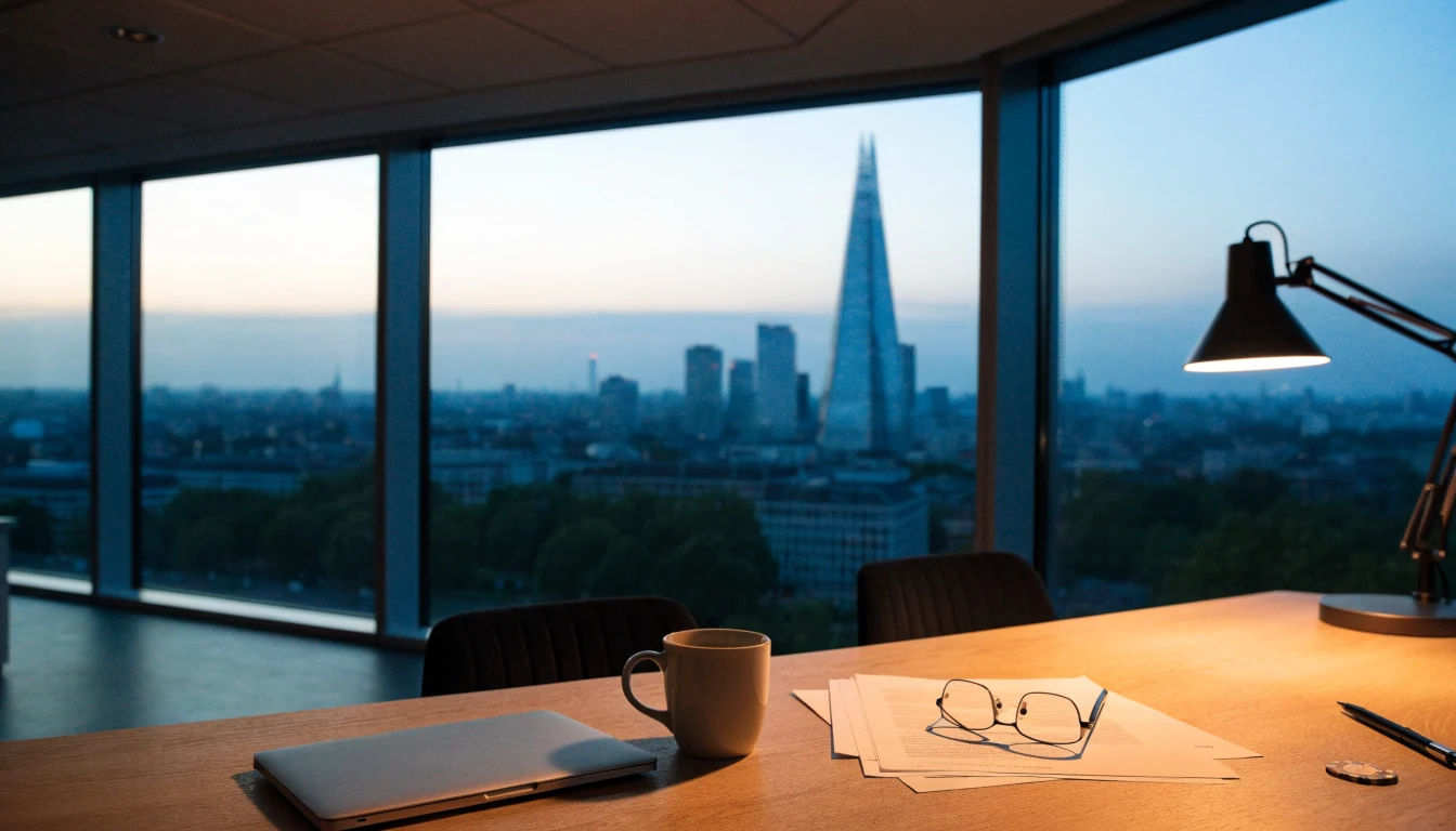 London office desk with laptop, tea, and casino chip at dusk