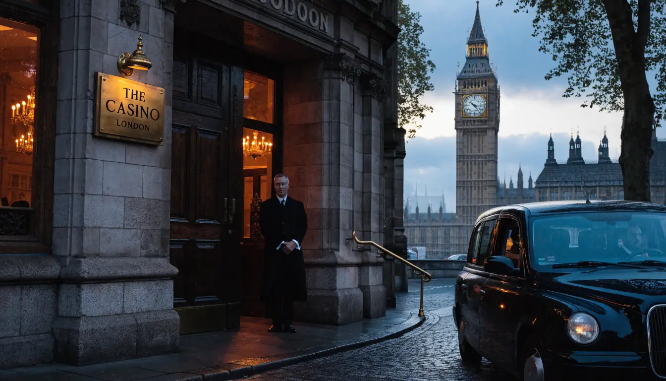 London casino entrance at dusk with Big Ben in background