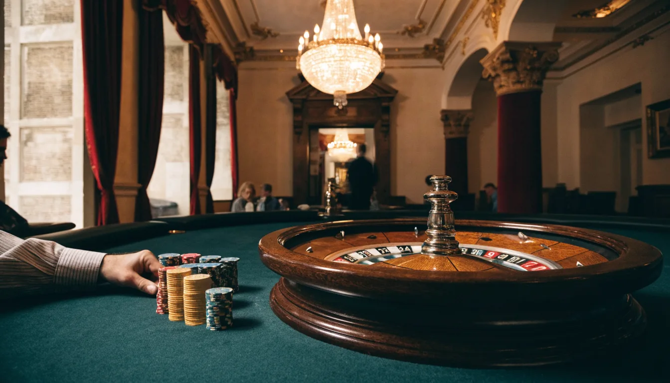 Elegant London casino interior with a roulette wheel and chips on a green felt table under warm chandelier light.
