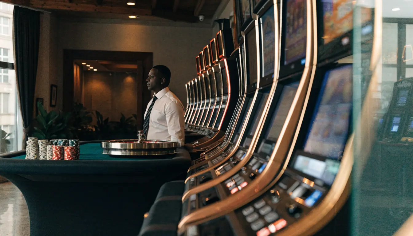 Interior of a modern UK casino with slot machines and a roulette table.