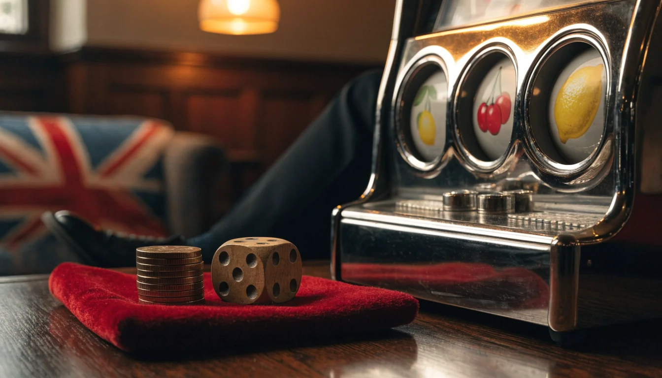 Classic fruit machine on a British pub table with coins and dice.