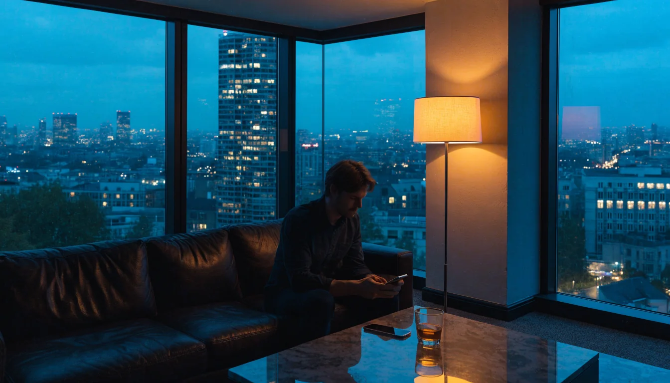 Man in a London flat at night with a smartphone and whisky, city lights outside the window.
