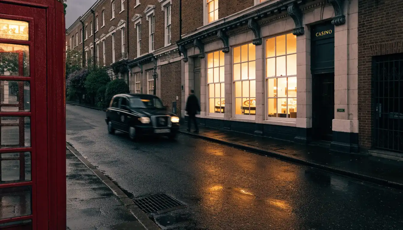 British city street at dusk with a casino entrance glowing warmly behind sash windows.