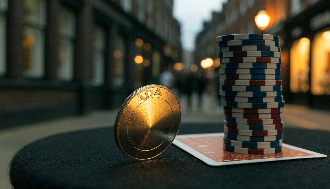ADA crypto coin with casino chips and a card on a dark table