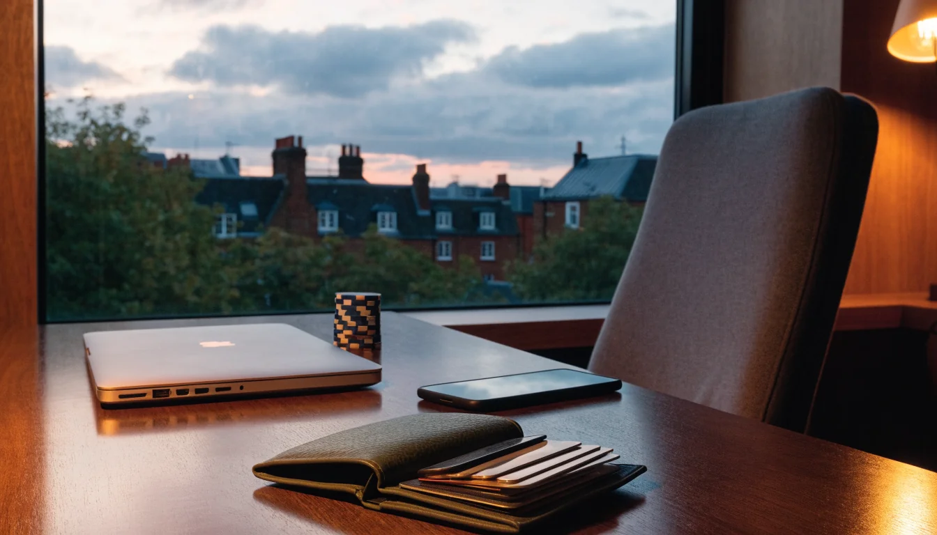 British home office interior with closed laptop, smartphone, poker chips, and wallet overlooking London rooftops at dusk