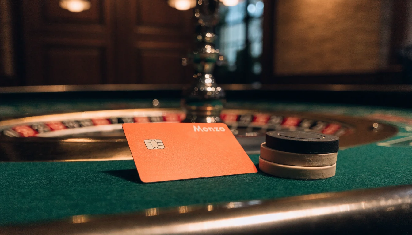 Monzo bank card on a casino table with chips and a roulette wheel