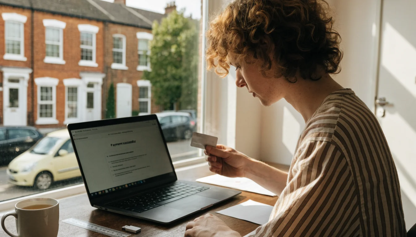Person reviewing bank card beside laptop with payment page, British street visible through window.