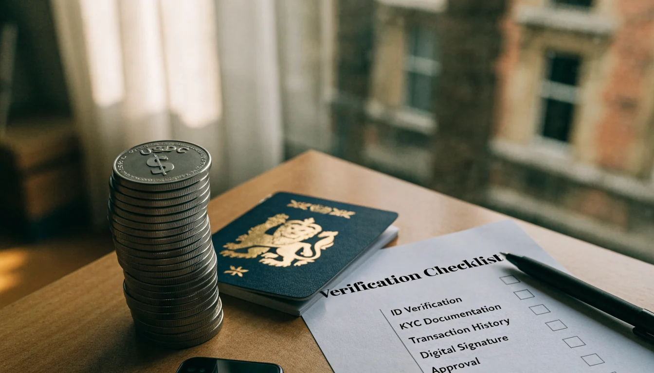 USDC tokens beside a UK passport and a printed verification checklist on a desk