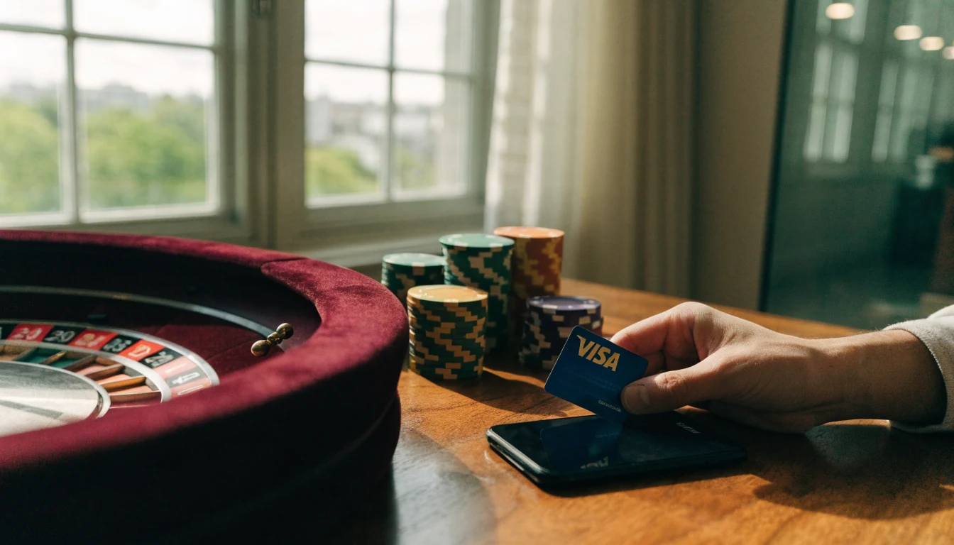 Visa debit card held near a smartphone beside casino chips and a roulette wheel.