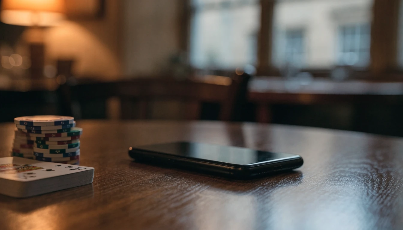 Smartphone beside casino chips on a pub-style wooden table