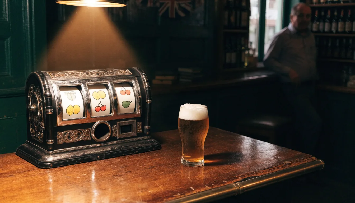 Classic fruit machine on a traditional British pub counter beside a pint of ale.