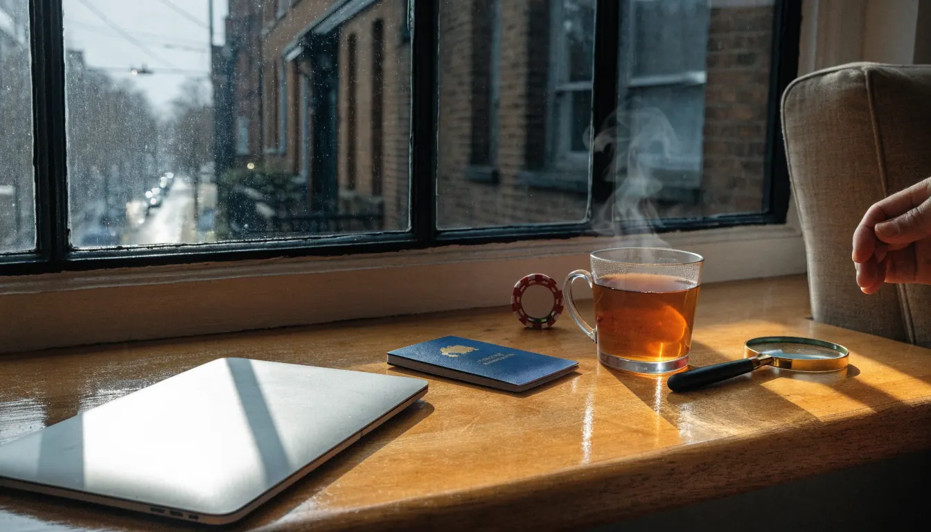 British home desk with laptop, passport, tea, and poker chip near a window