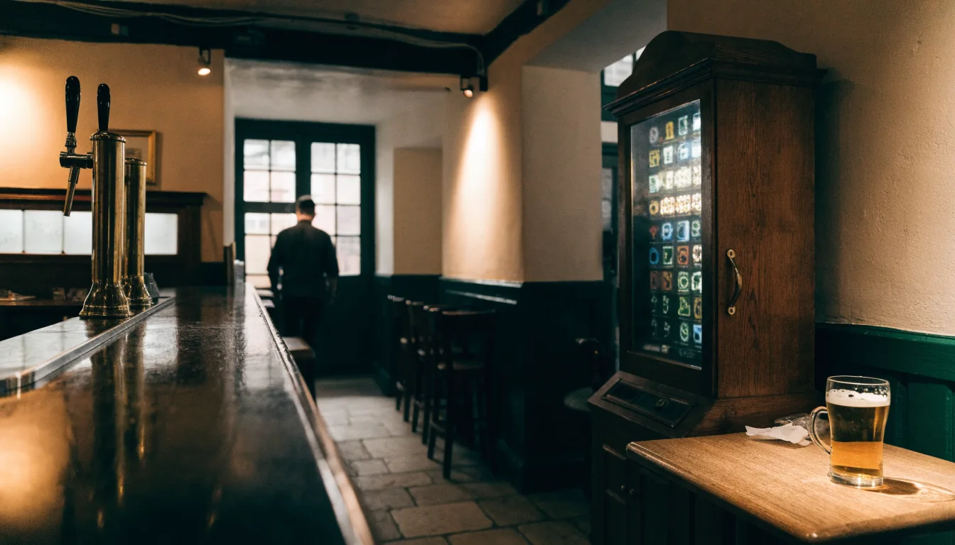 Traditional British pub interior with a vintage fruit machine in the corner