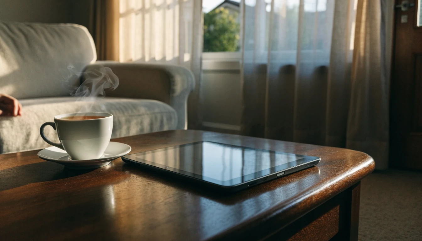 iPad on a coffee table in a bright British living room with tea