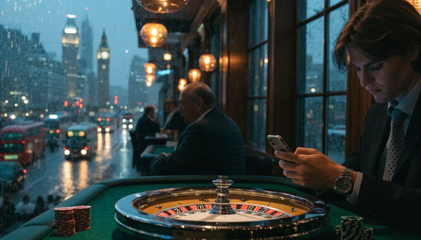 London casino lounge with roulette table, chips, and smartphone