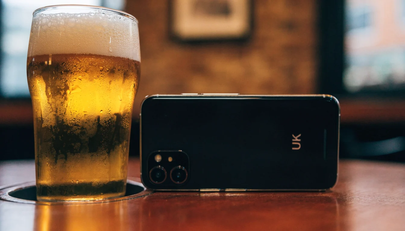 UK smartphone on a pub table next to a pint of ale