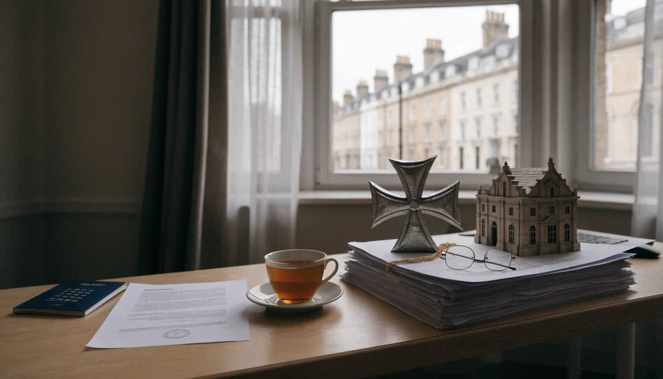 London flat desk scene with documents, passport, tea, and small Maltese symbols representing licence review.