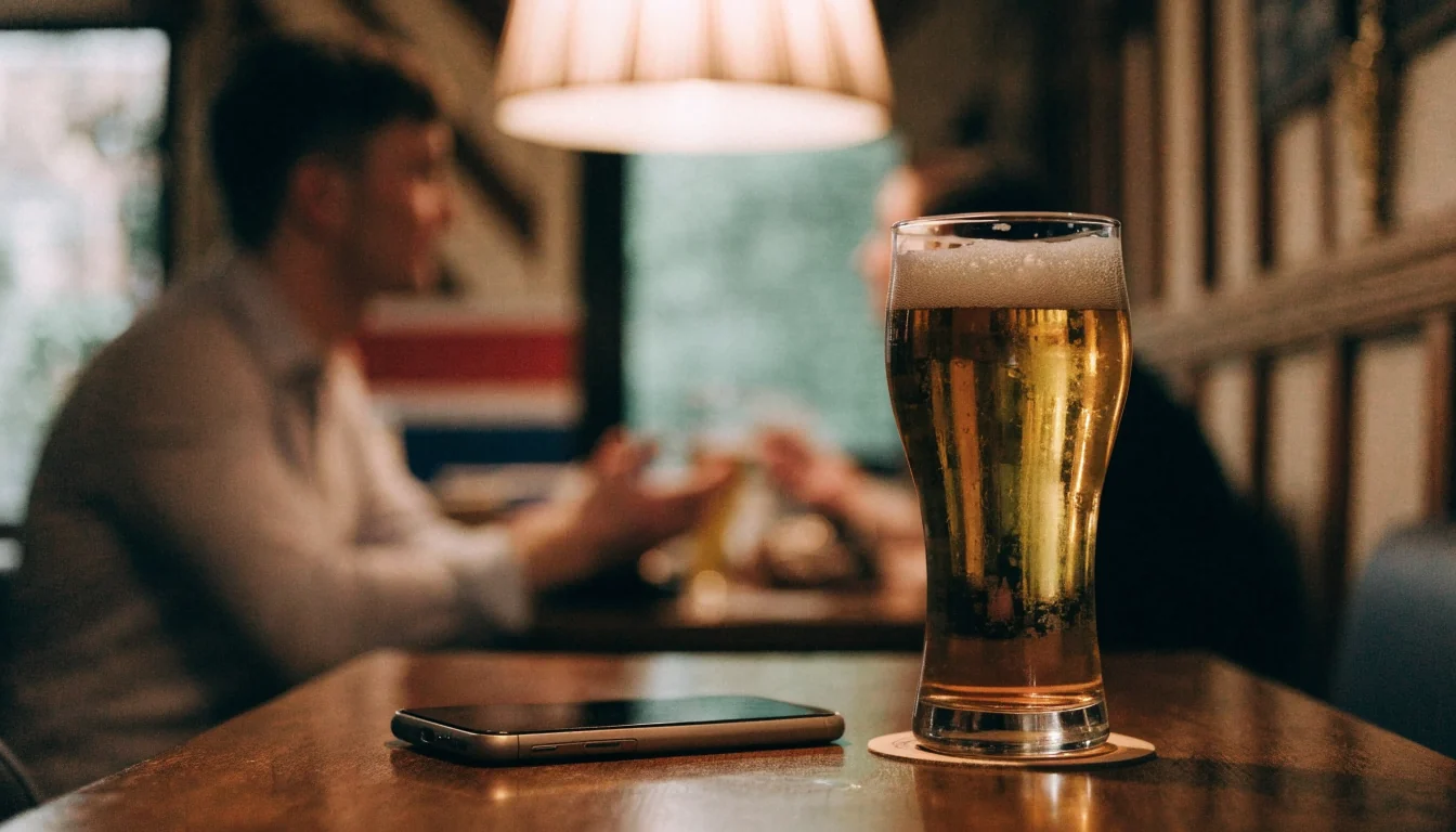 Smartphone face-down on a wooden pub table next to a pint glass.