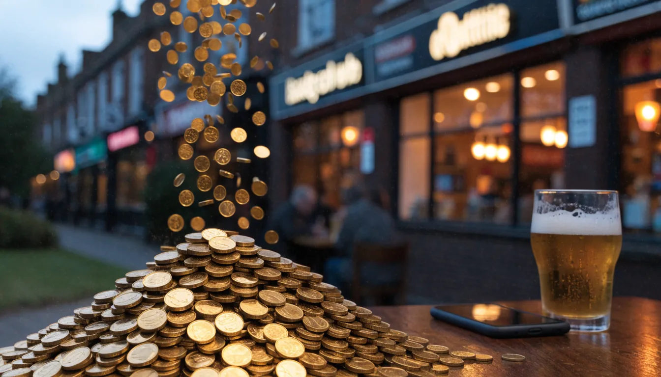 Growing pile of gold coins with a face-down phone on a British pub table