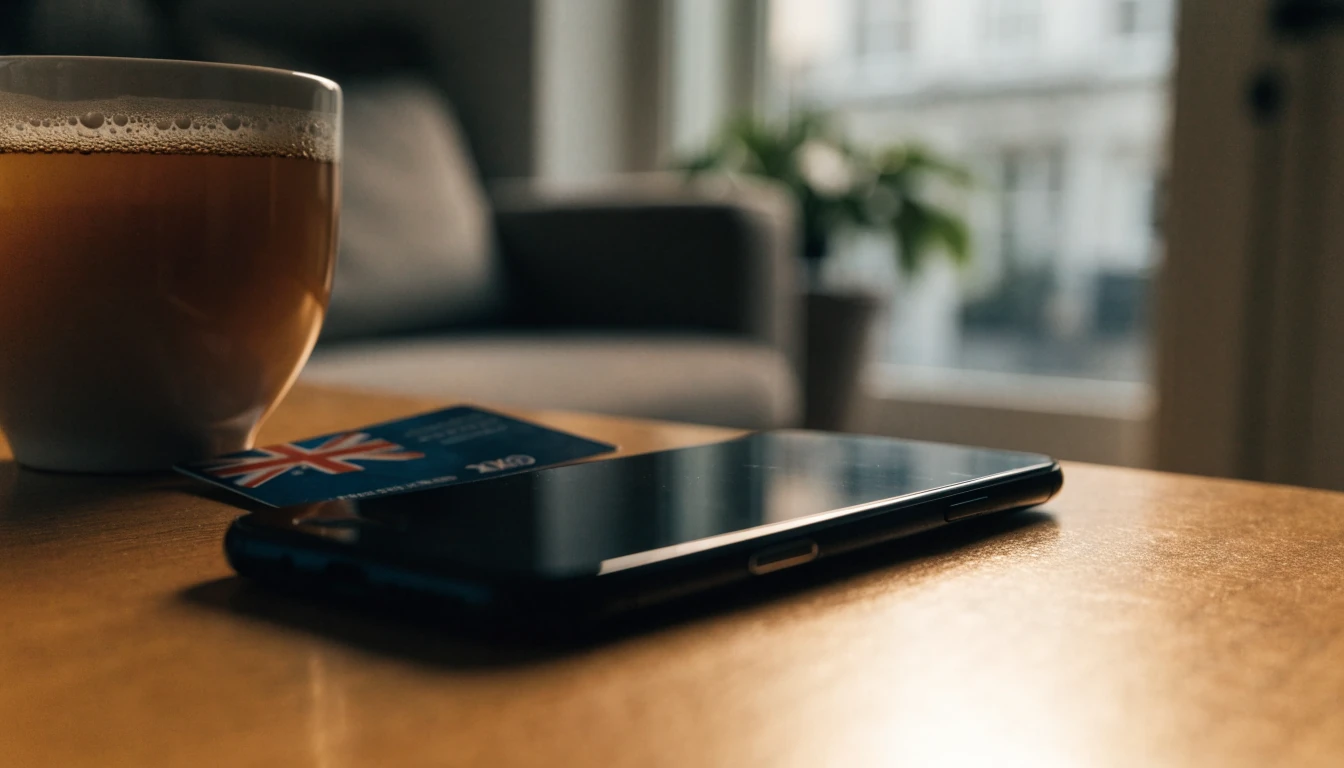 Smartphone, UK debit card, and a mug of tea on a wooden table in a British home