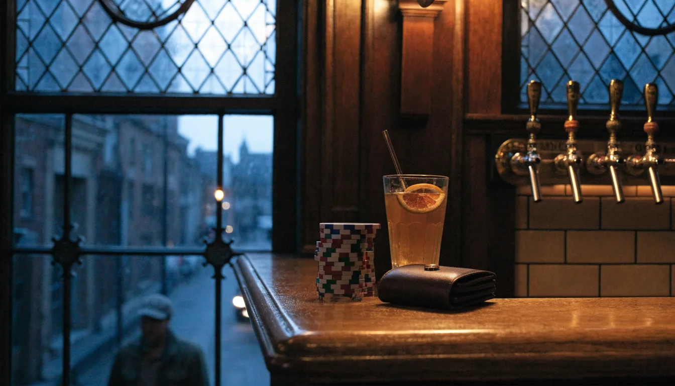 Traditional London pub bar with casino chips at dusk