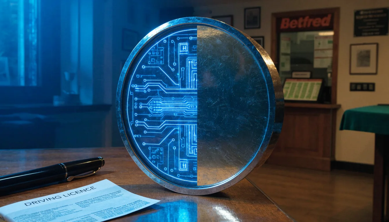 TRON coin split between digital light and traditional UK betting shop interior