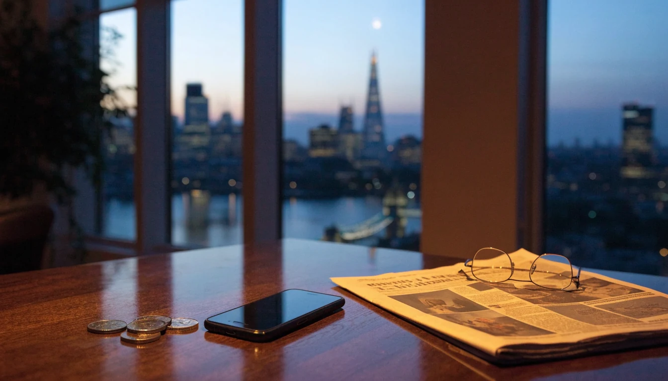 Smartphone with crypto coins and British newspaper on a table, London skyline at dusk through a window.