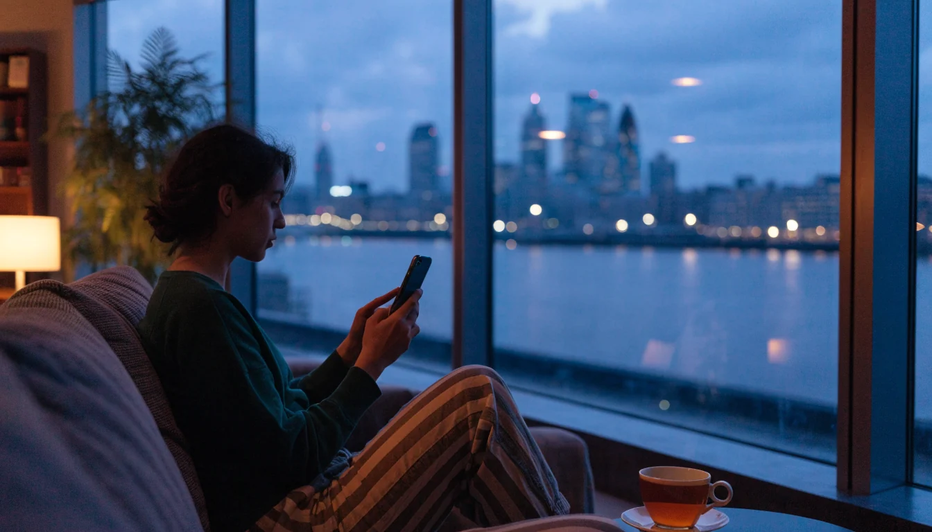 Person relaxing at home in London with smartphone, evening city view through window.