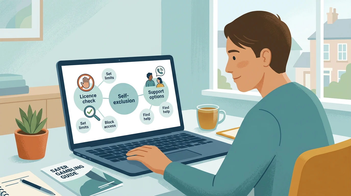 A calm checklist showing a boundary between self-exclusion, licence checks and safer gambling support